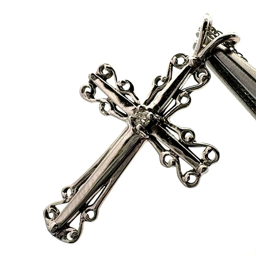 Beautiful 14K White Gold Diamond Solitaire Holy Cross Scroll Pendant Necklace - Picture 8 of 11